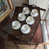 Glass-enclosed old tea table with wooden tray, bronze and brass