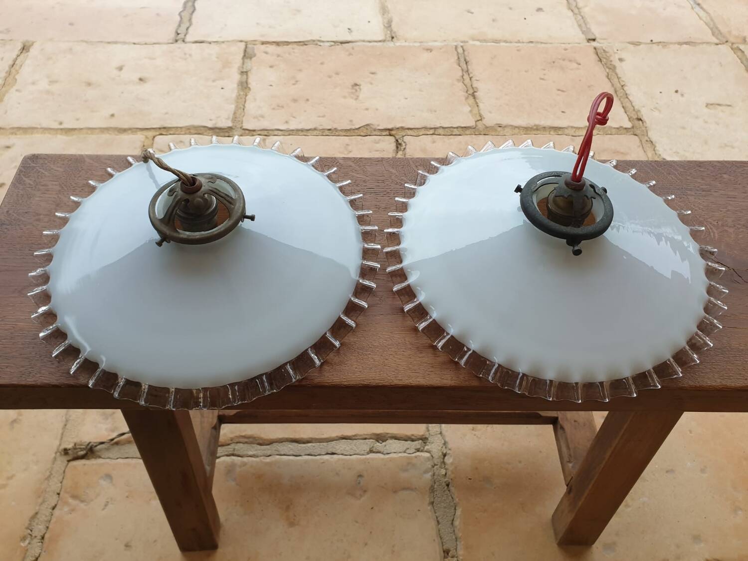 Pair of old opaline pendant lights