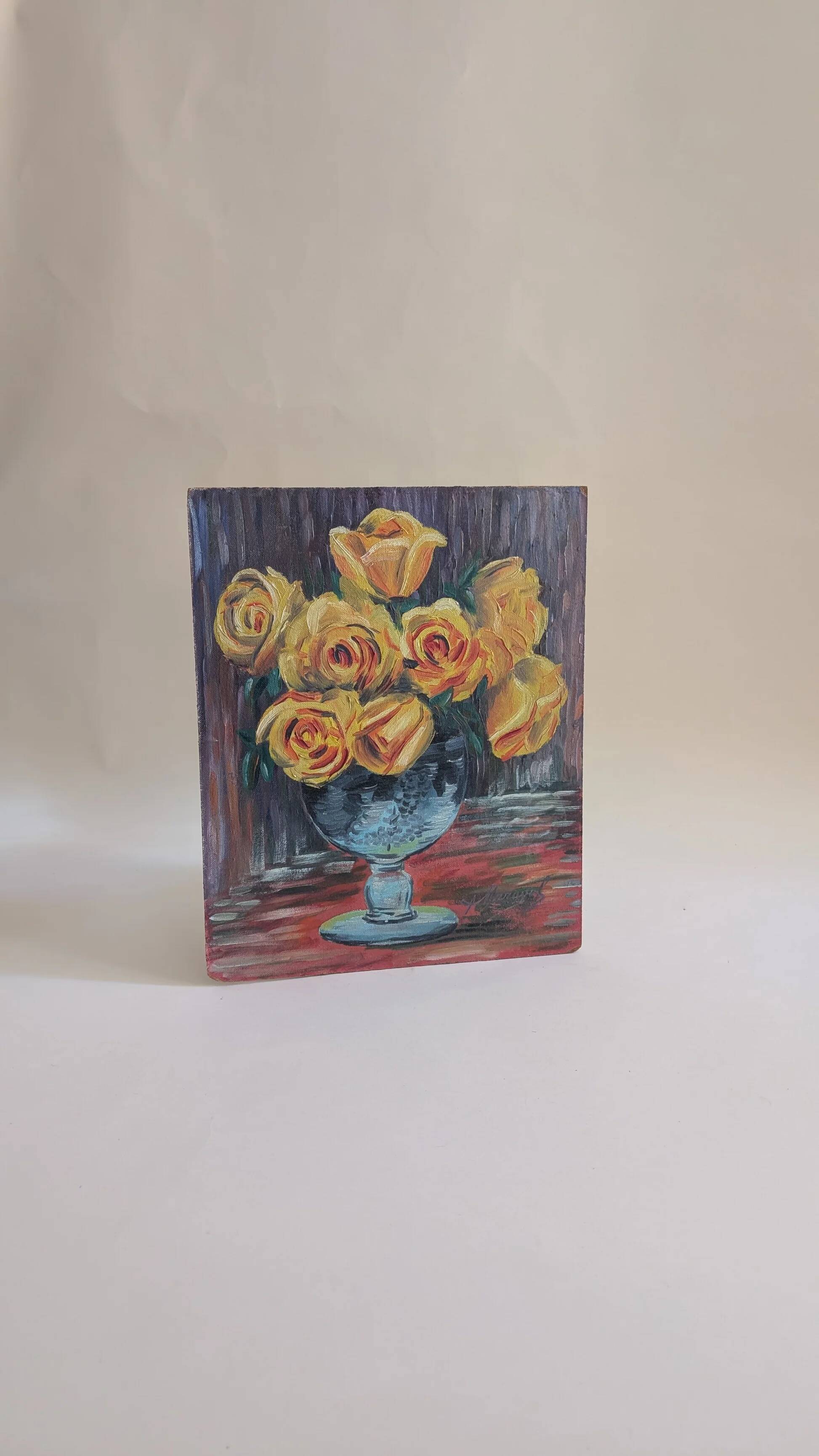 Vintage painting, bouquet of yellow roses