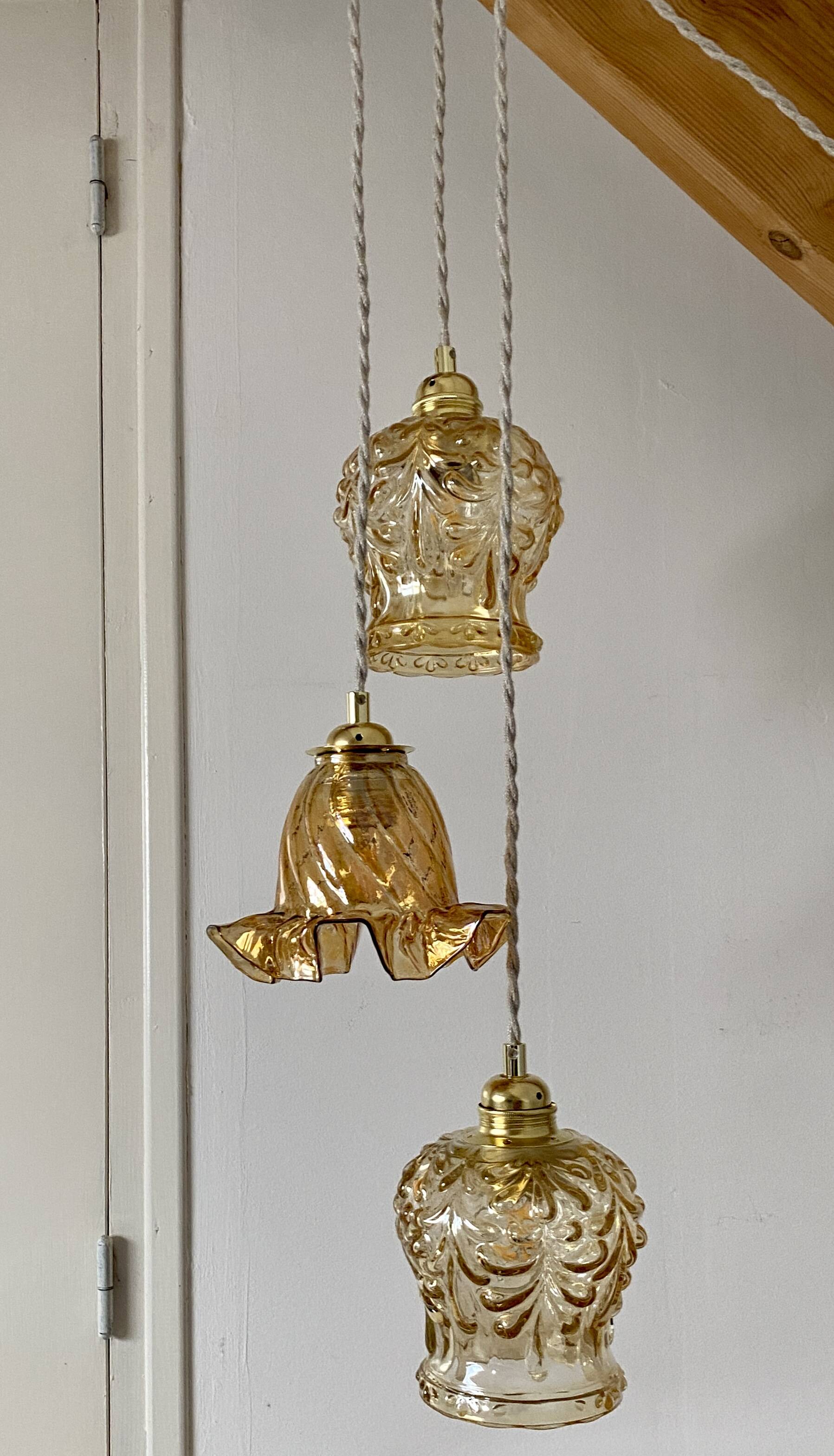 Vintage triple globe waterfall pendant light in amber glass