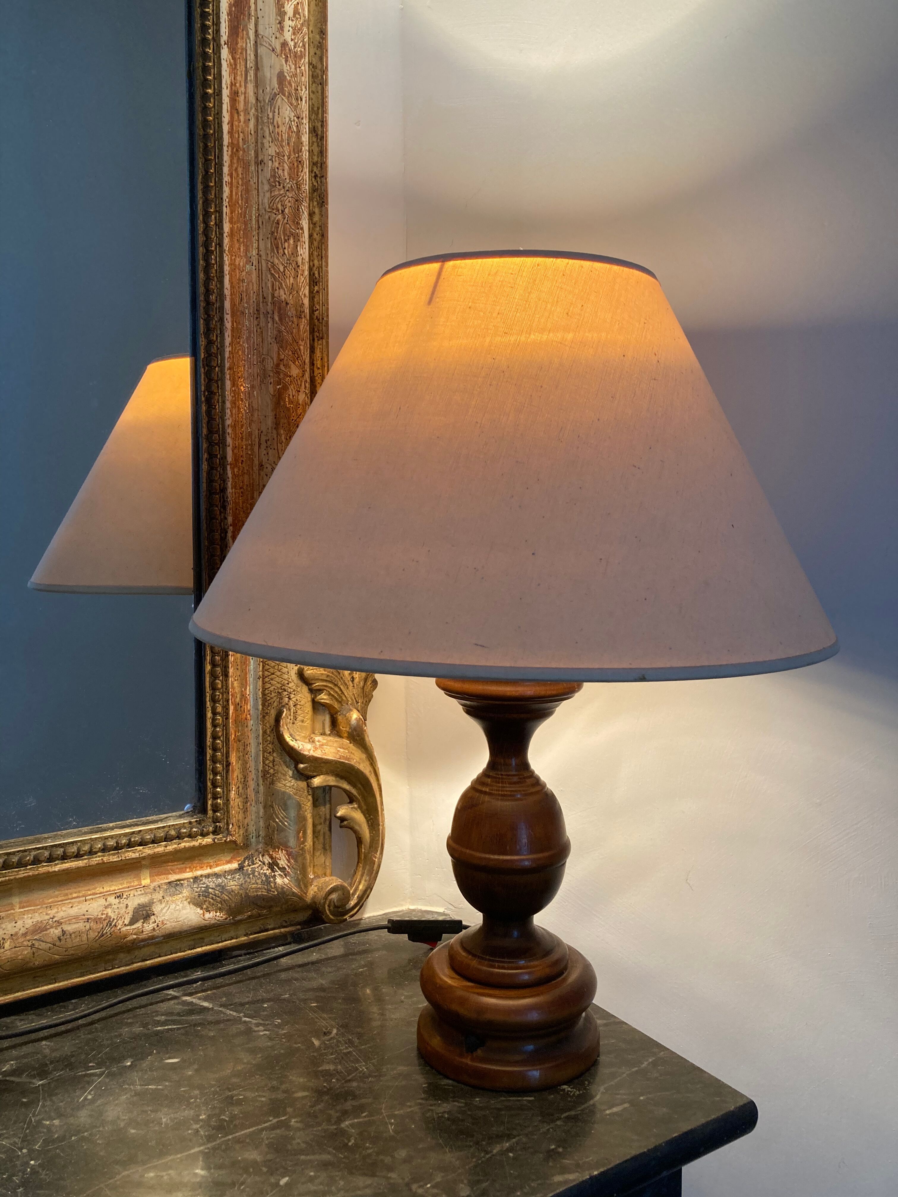 Wooden lamp turned off-white vintage lampshade