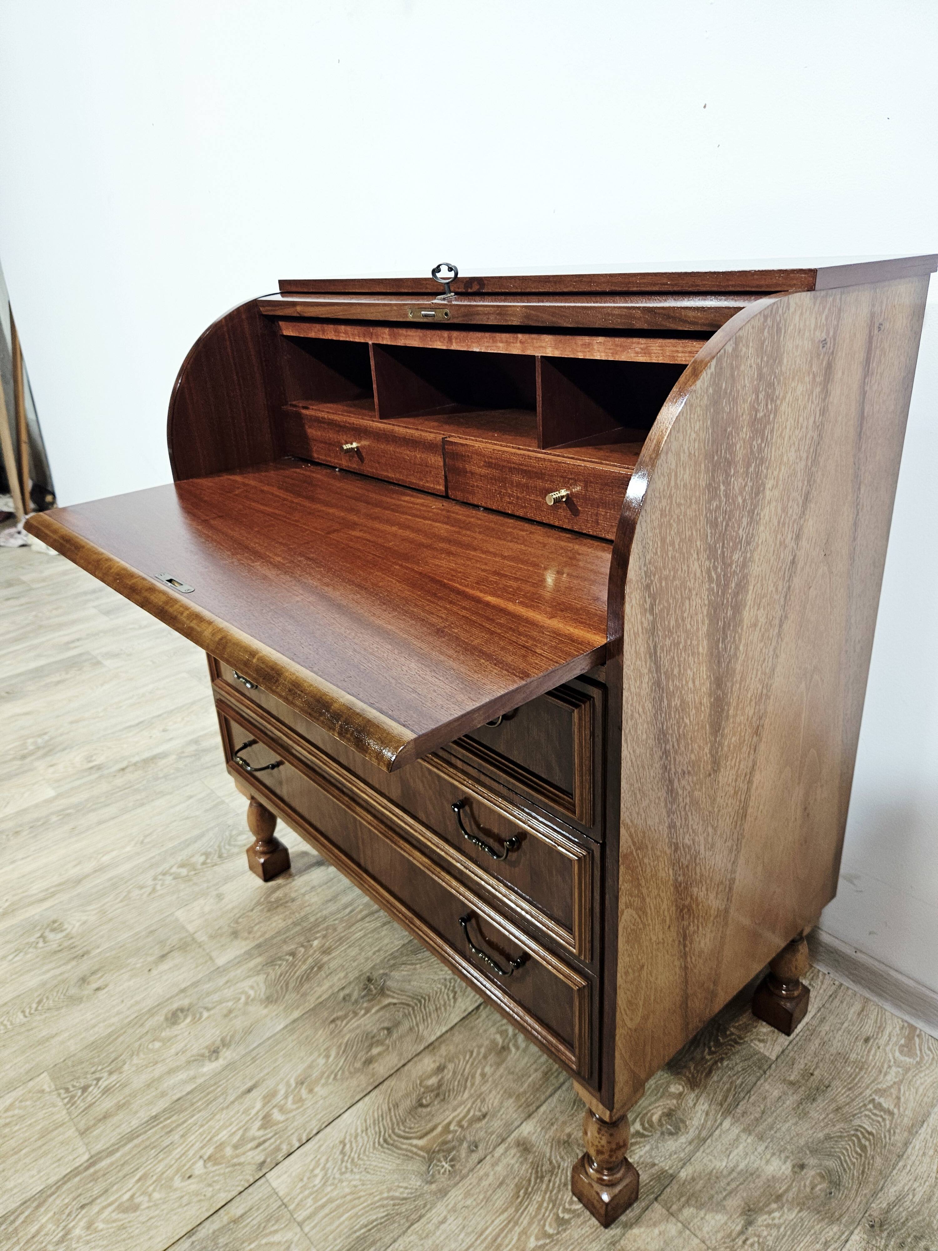 Walnut cylinder-roll-top secretary desk, 1970s.