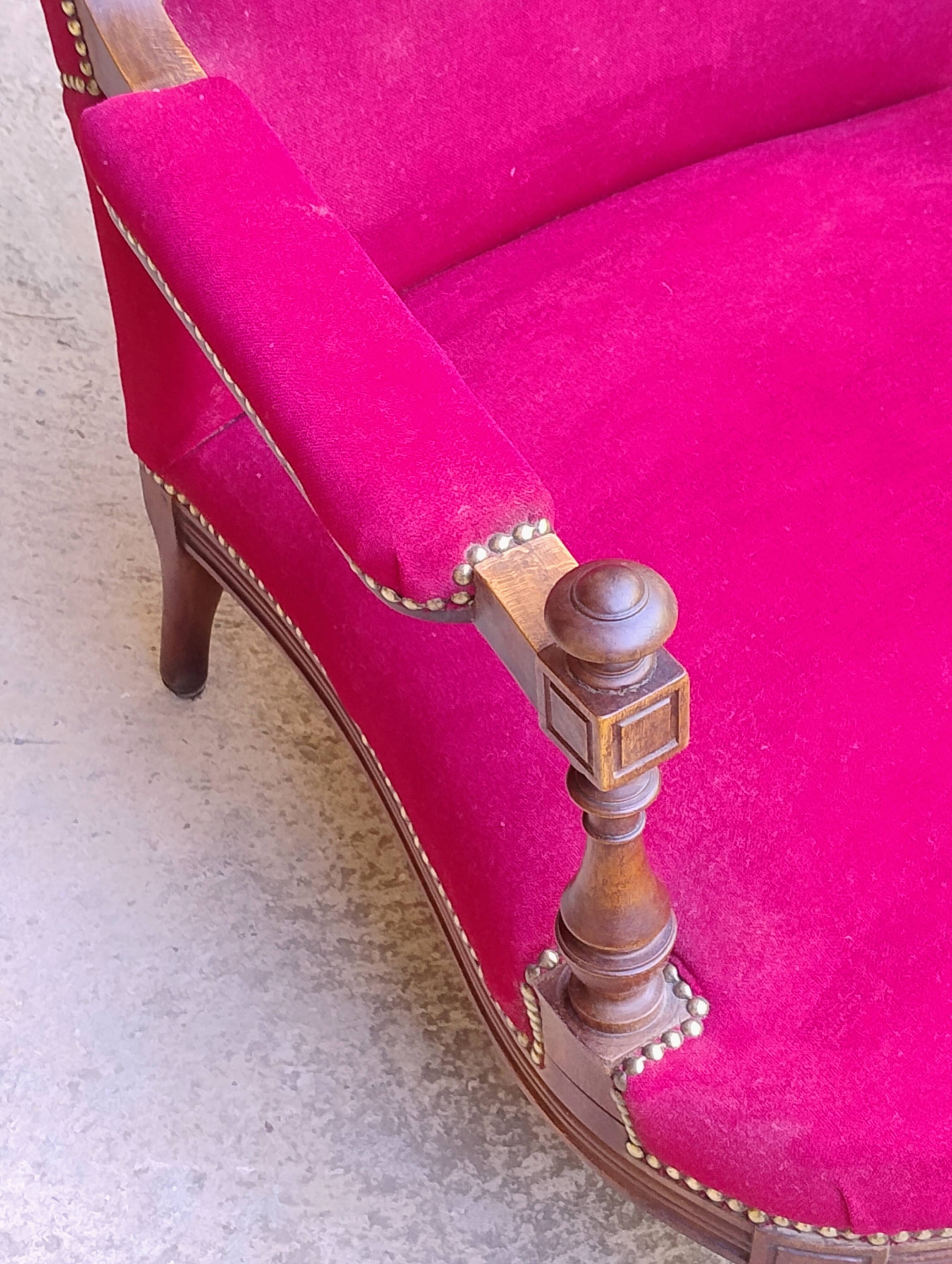 Bergère armchair (completely refurbished, including tacks, velvet fabric and seat)