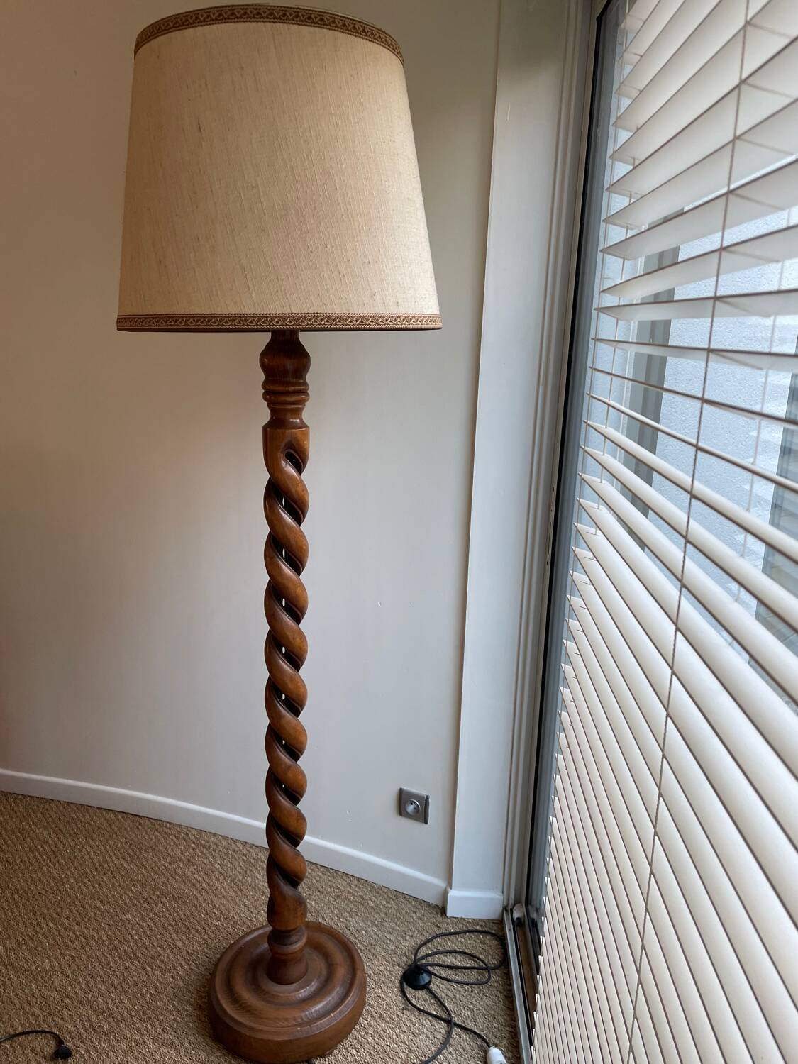 Turned wood floor lamp