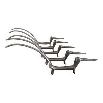 Set of 5 Dachshund knife holders in silvered bronze Walter Bosse - 1950s/1960s