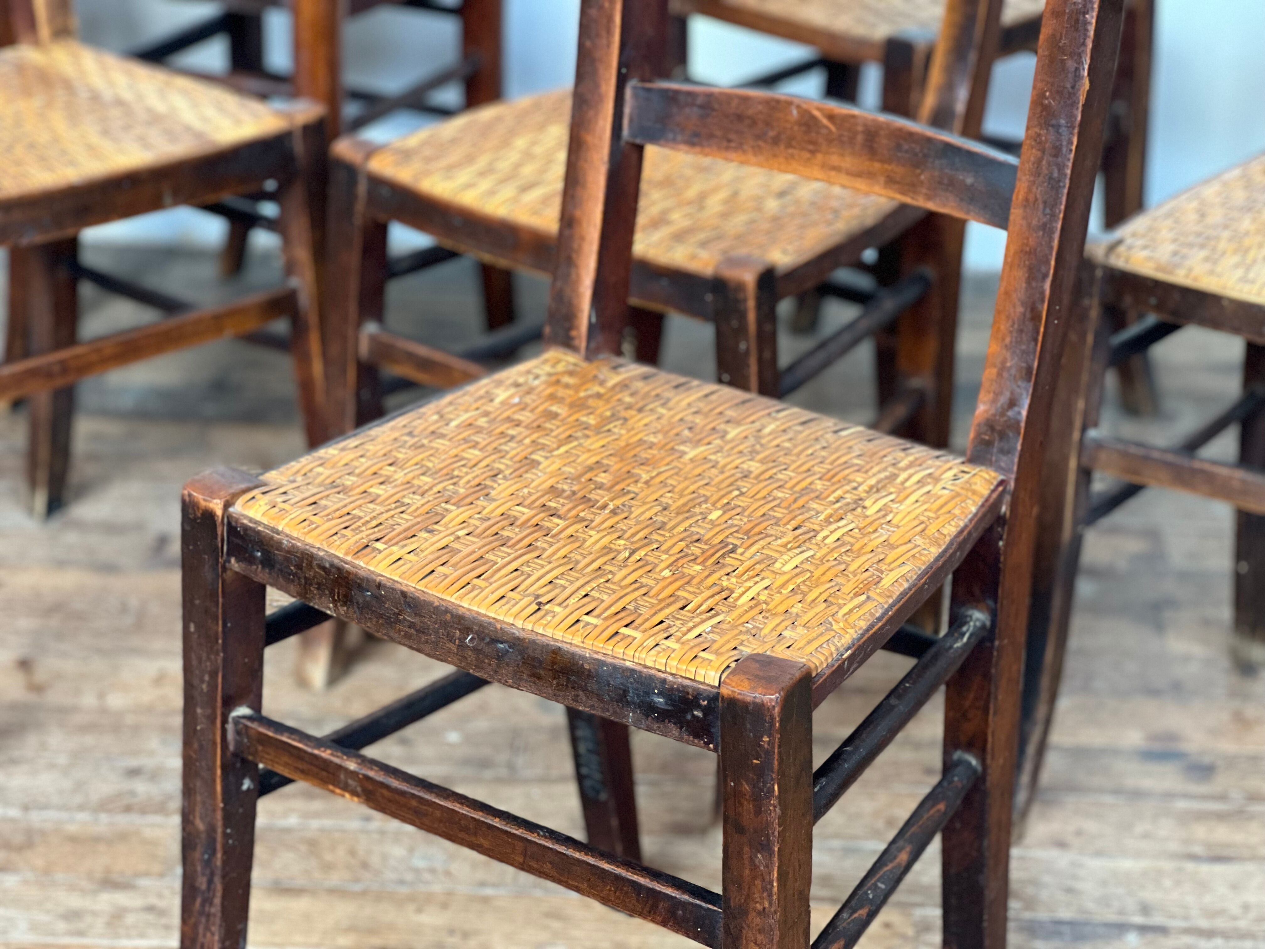 Series of 8 vintage bistro chairs early 20th wood and straw