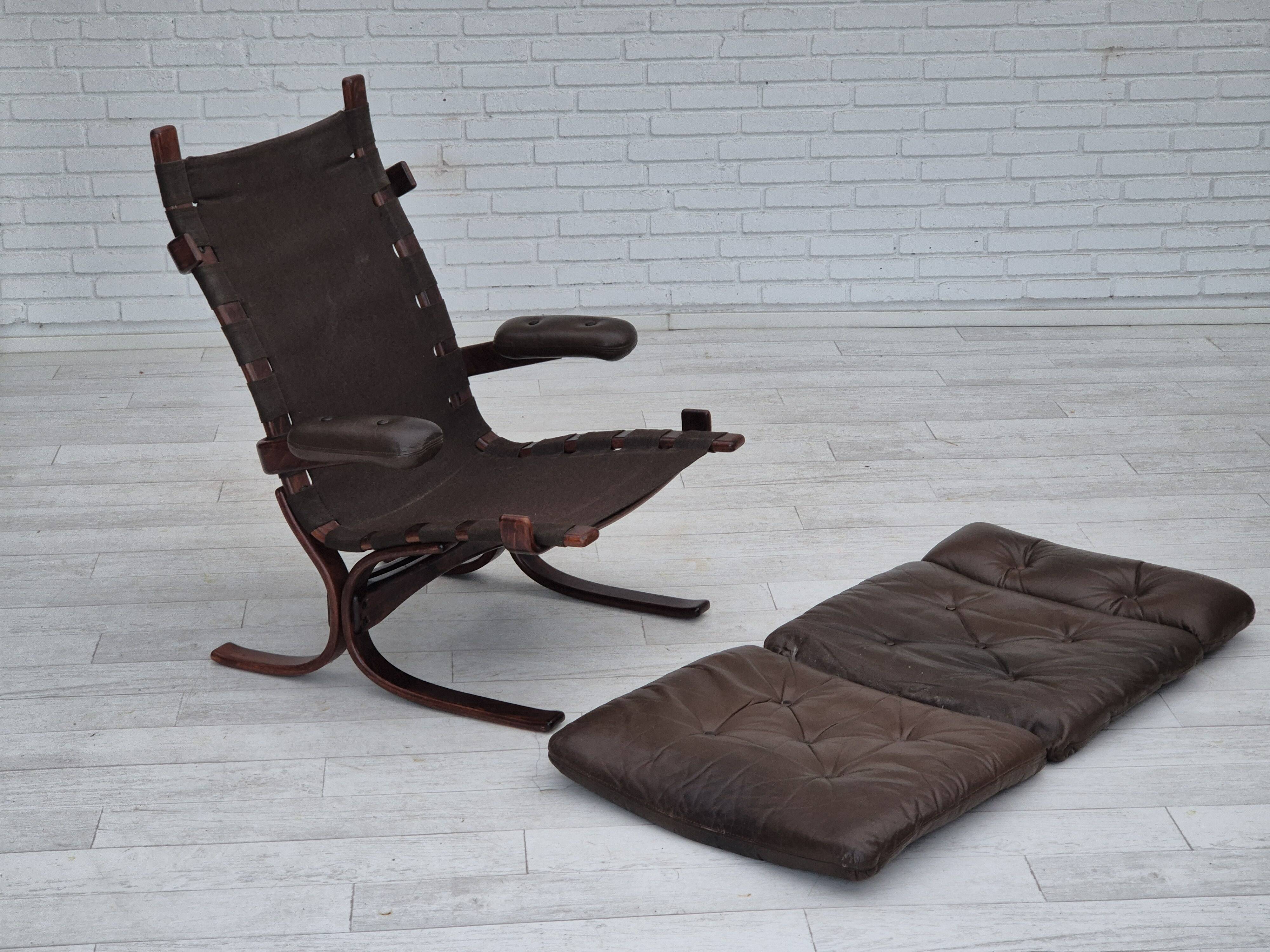 1970s, Scandinavian armchair, original condition, furniture leather, bent wood, canvas.