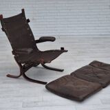 1970s, Scandinavian armchair, original condition, furniture leather, bent wood, canvas.
