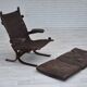 Fauteuil scandinave, état d'origine, meuble cuir, bois courbé, toile, années 1970