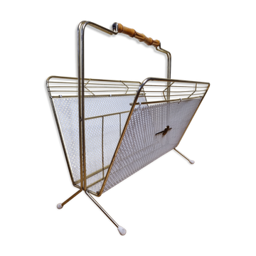 Vintage "Cavalier" magazine rack in white perforated metal and rattan