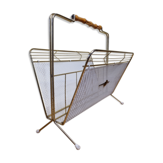 Vintage review carrier "Cavalier" in white perforated metal and rattan