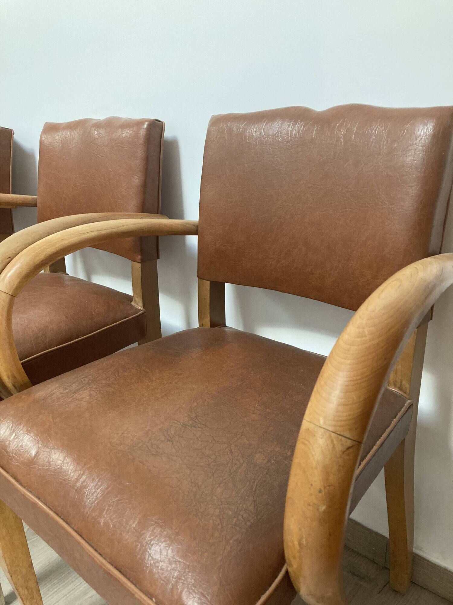 Set of 4 armchairs bridge leather and wood called "moustache" style art deco circa 1940