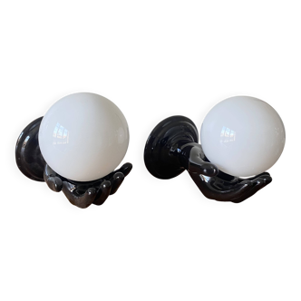 Pair of black ceramic wall lights from the 70s and 80s.