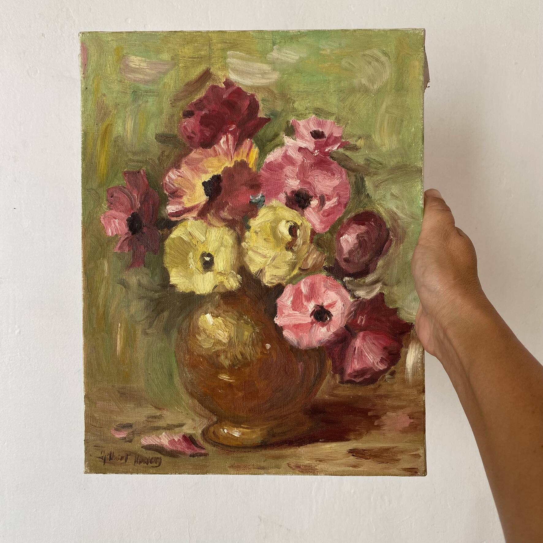 Painting bouquet, oil on canvas on frame flowers 35X27.