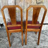 Pair of Vintage Art Deco Wooden Chairs with Red Leather Upholstery #D742