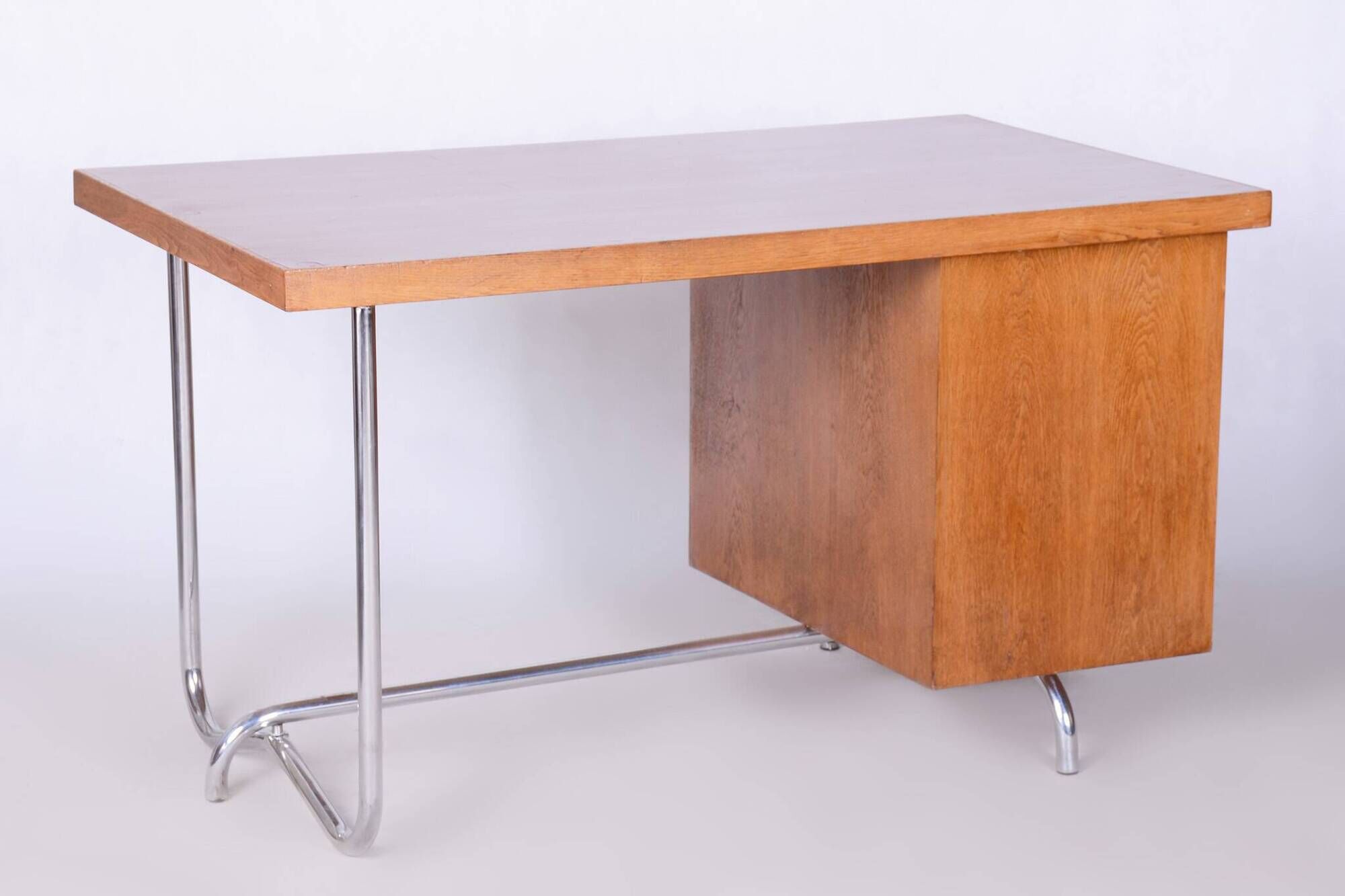 Restored Bauhaus Oak Writing Desk, Hynek Gottwald, Chrome, Czechia, 1930s