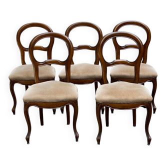 5 chaises Louis Philippe en bois massif et daim beige