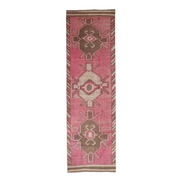 Vintage Turkish Oushak Handmade Wool Cotton Pink Runner Rug 90x303