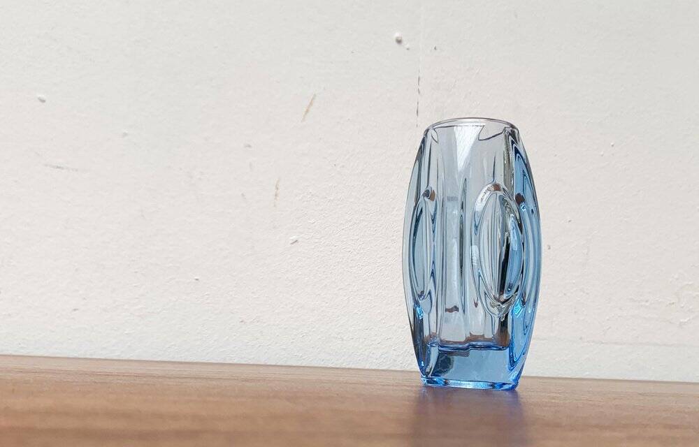 Blue glass vase model 914 mid-century by Rudolf Schröter for Rosice, 1950s