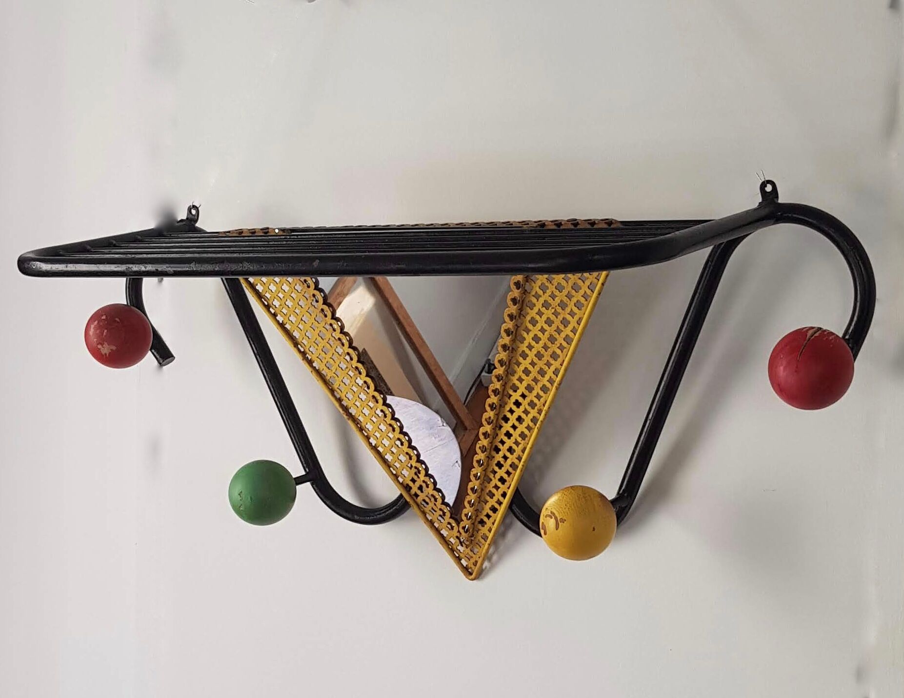 Vintage wall coat rack with mirror and shelf Black metal and wood ball