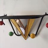 Vintage wall coat rack with mirror and shelf Black metal and wood ball