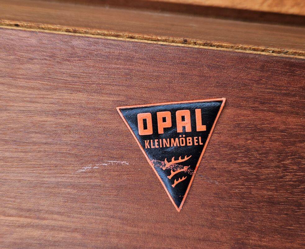 Rolling magazine rack in opal teak by Kleinmobel, 1960