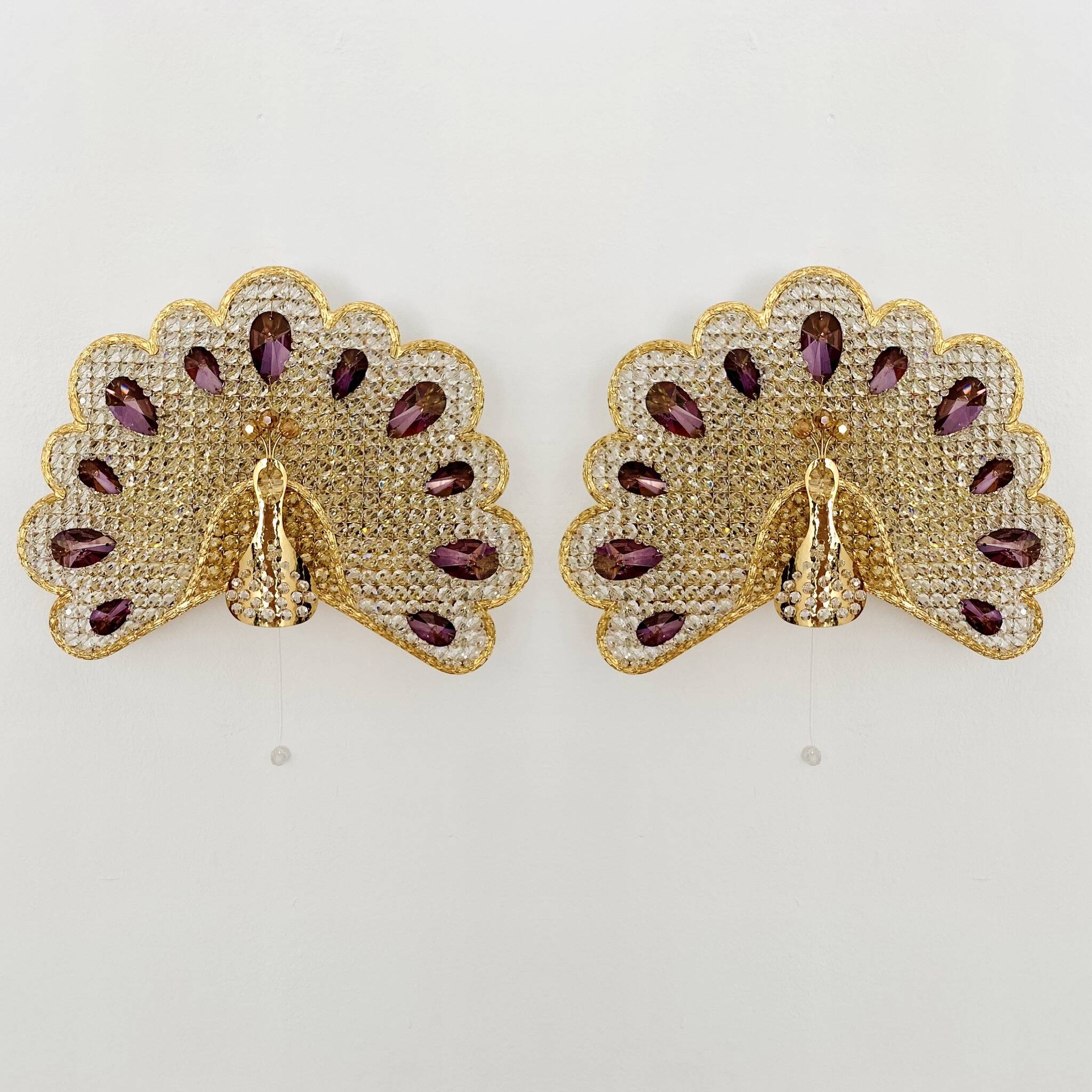 Ensemble de 2 appliques murales en verre cristal en forme de paon de Palwa