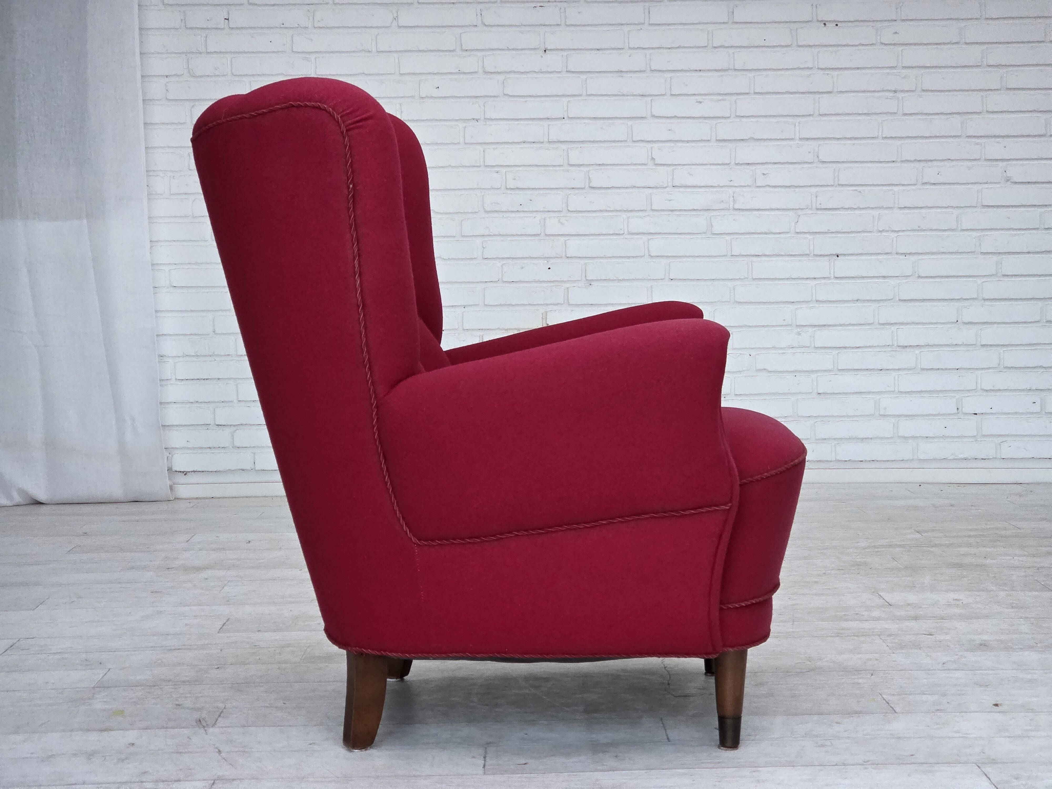 1960s, Danish armchair, furniture wool, beech wood logs.
