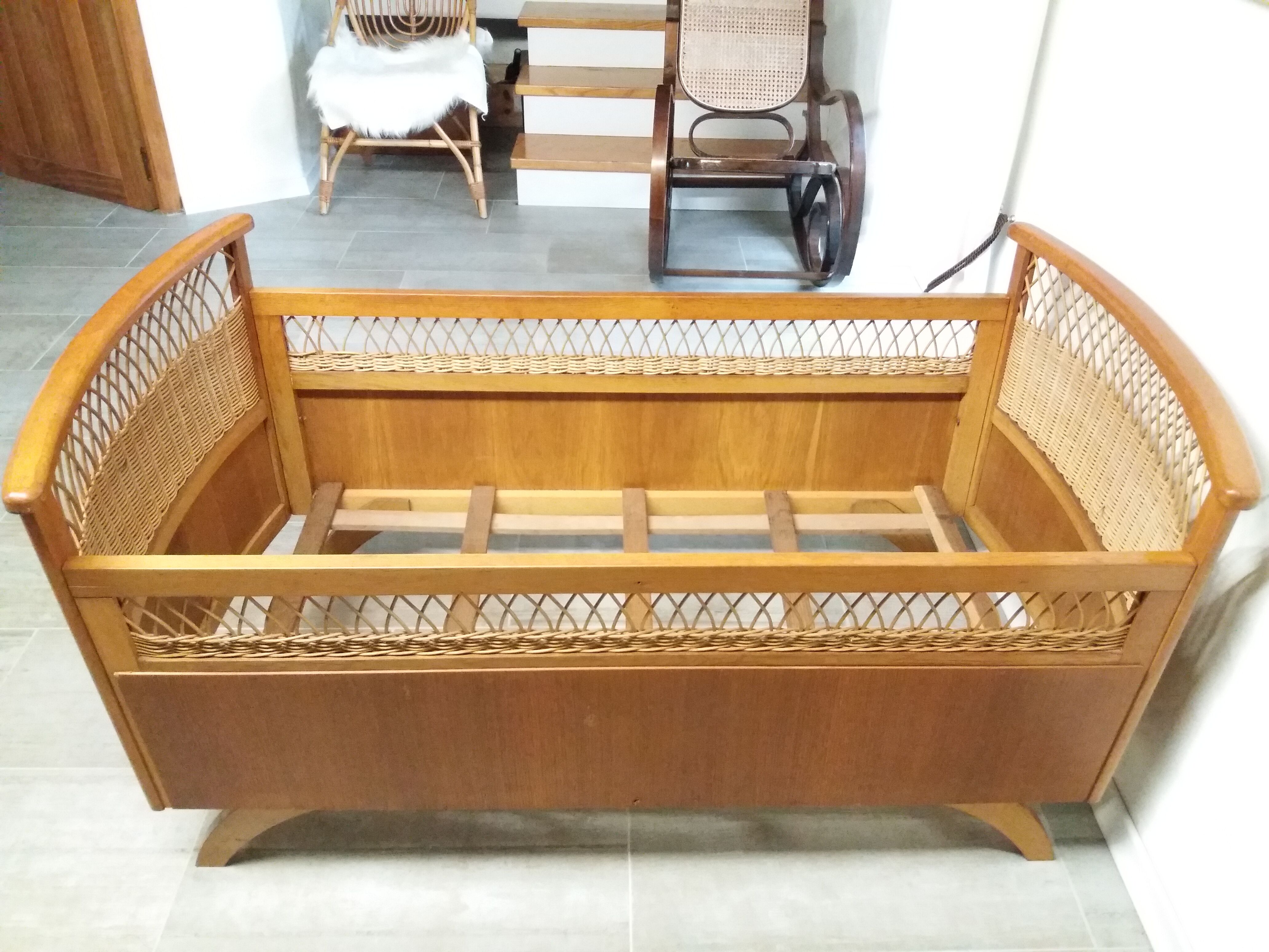 Children's bed gilded wood and rattan 60s