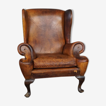 Antique Patinated Sheepskin Armchair Wingback