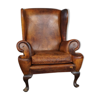 Fauteuil en cuir de mouton patiné antique Wingback