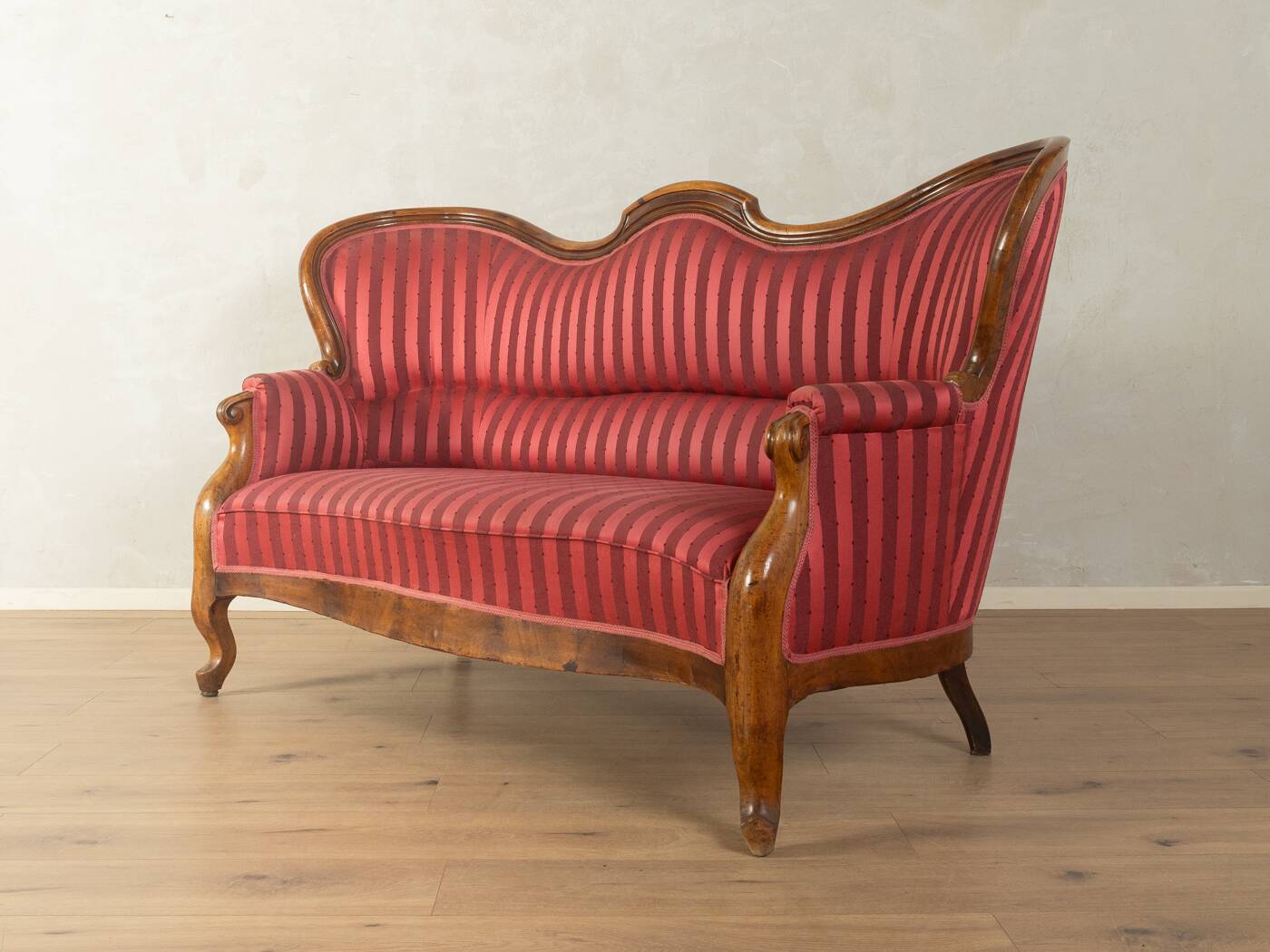 Biedermeier salon bench with raspberry red striped upholstery