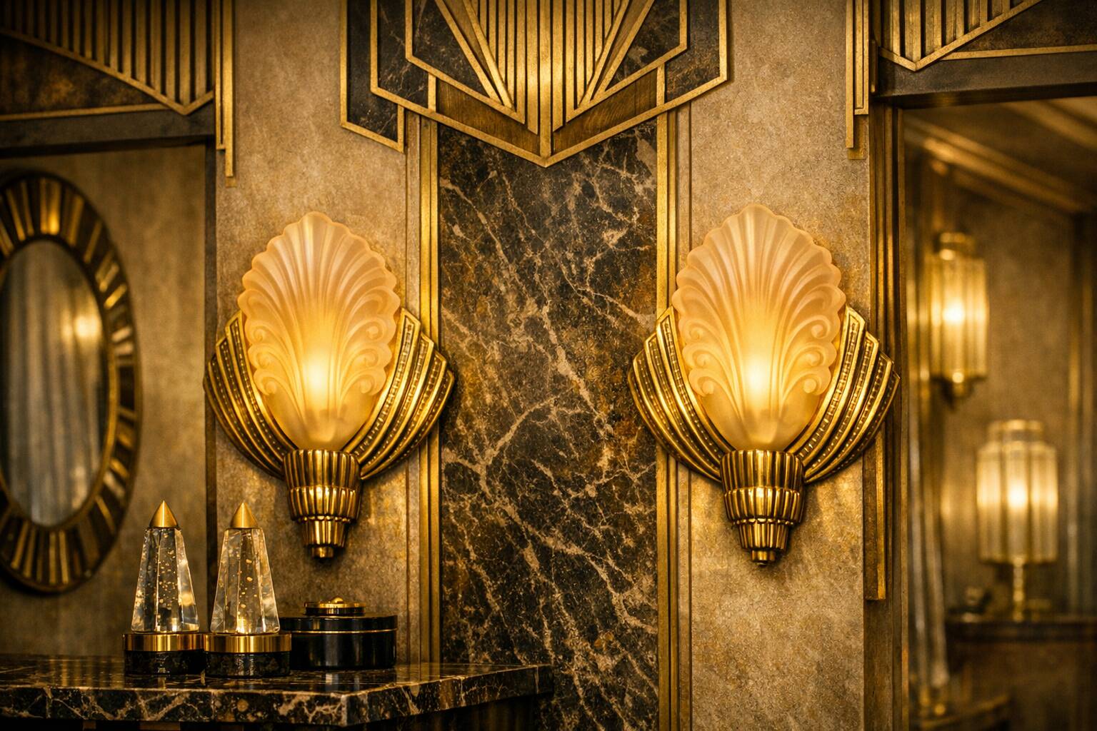 Pair of Art Deco wall lights in brass and moulded glass.