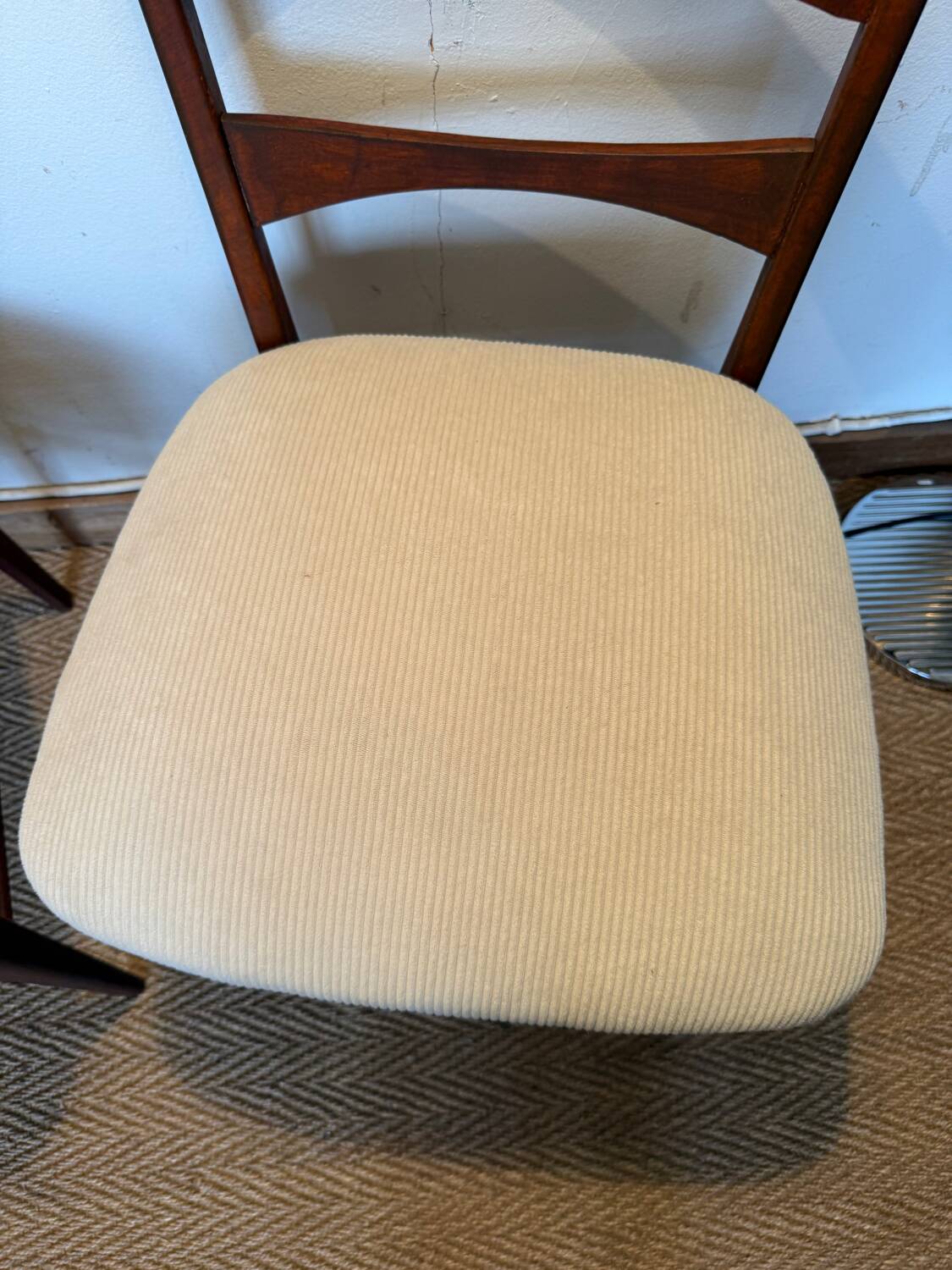 Pair of vintage wood and corduroy chairs
