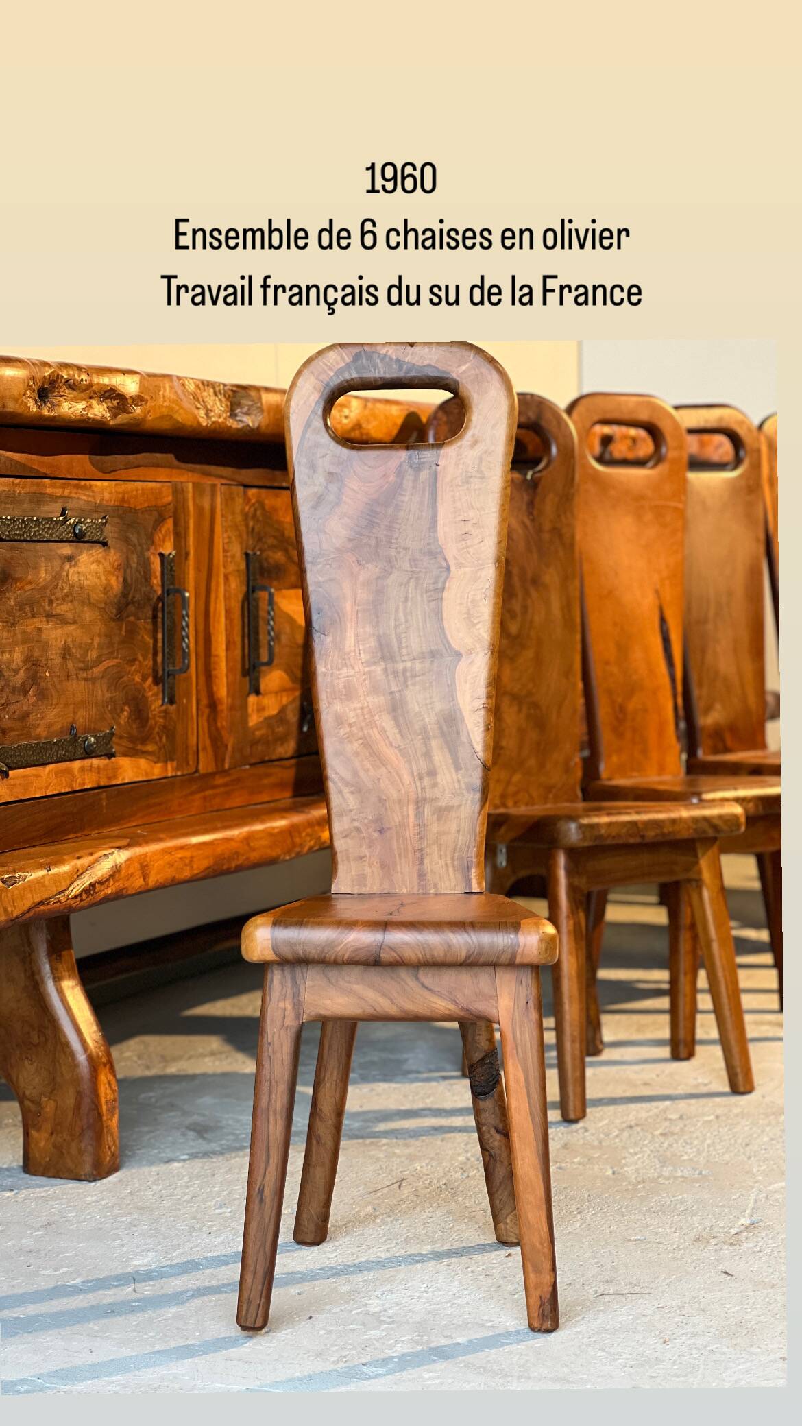 Sculptural high-back chairs in solid olive wood from the 1960s, set of 6.
