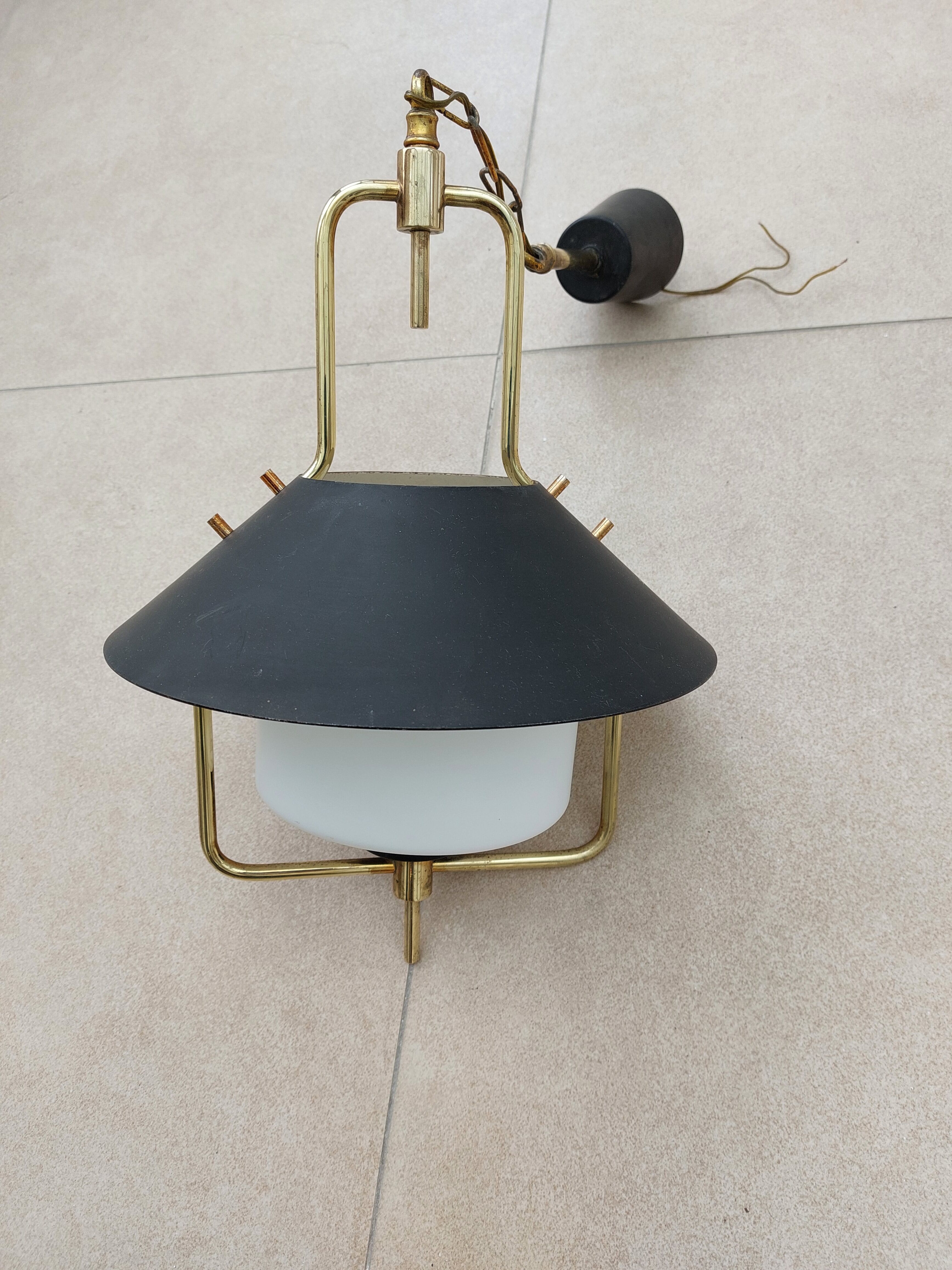 Lantern chandelier in brass and opaline glass 1940