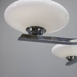 Lustre Art Déco en chrome et noyer avec abat-jour en verre opale, Tchécoslovaquie, 1