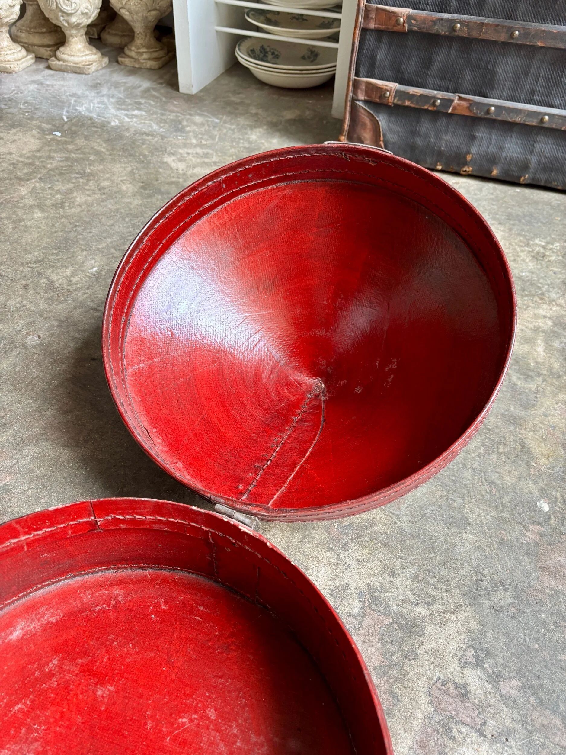 Red leather-covered hat box, China 19th century