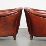 Set of 2 Cognac-Colored Cowhide Leather Club Chairs with Matching Ottoman