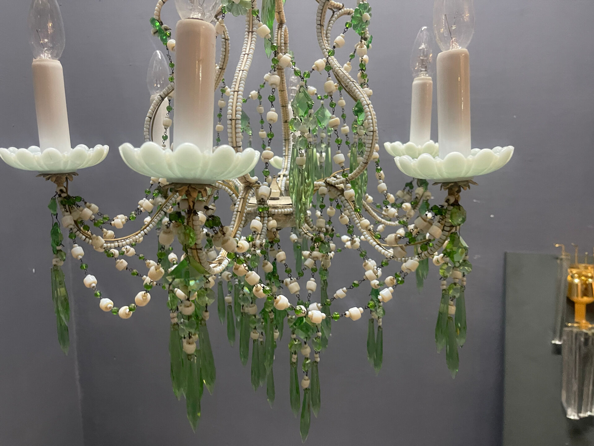 1950s Opaline Glass Beaded Chandelier Pastel Blue & Green Crystal Dr