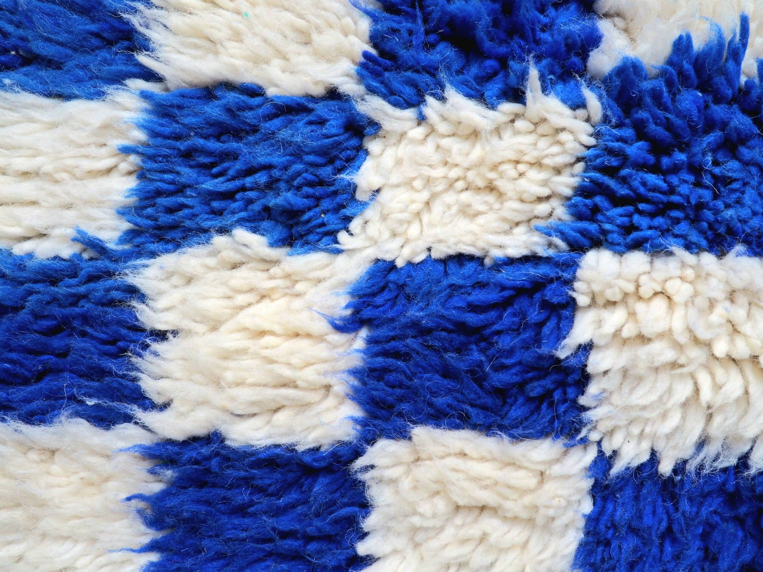 Majorelle Blue Moroccan Checkerboard Rug. Handmade, 100% pure wool. 255x165cm