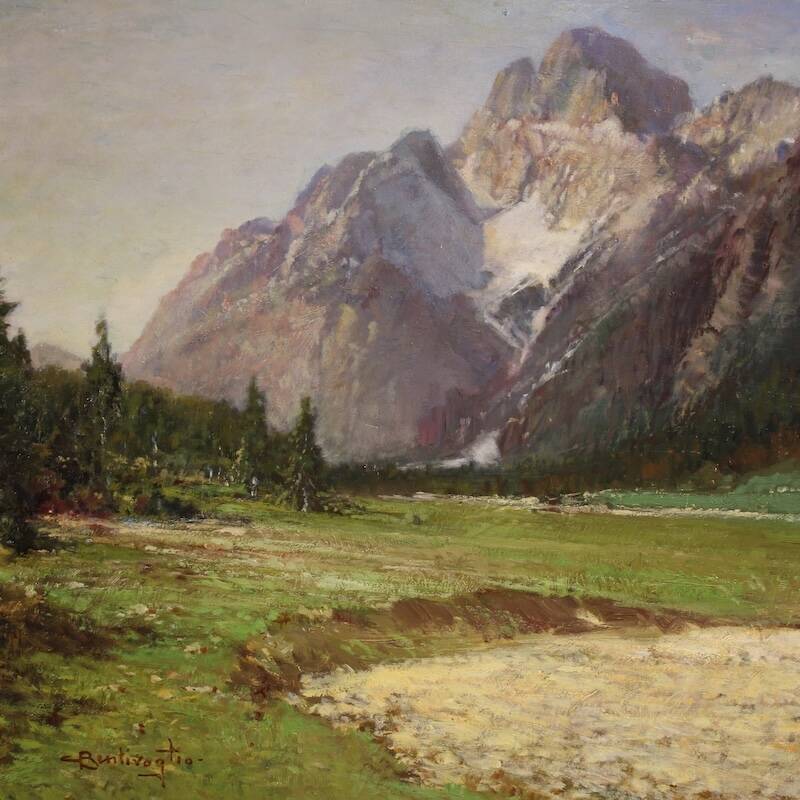 Peinture italienne vue de montagne de la Croda Rossa d'Ampezzo.