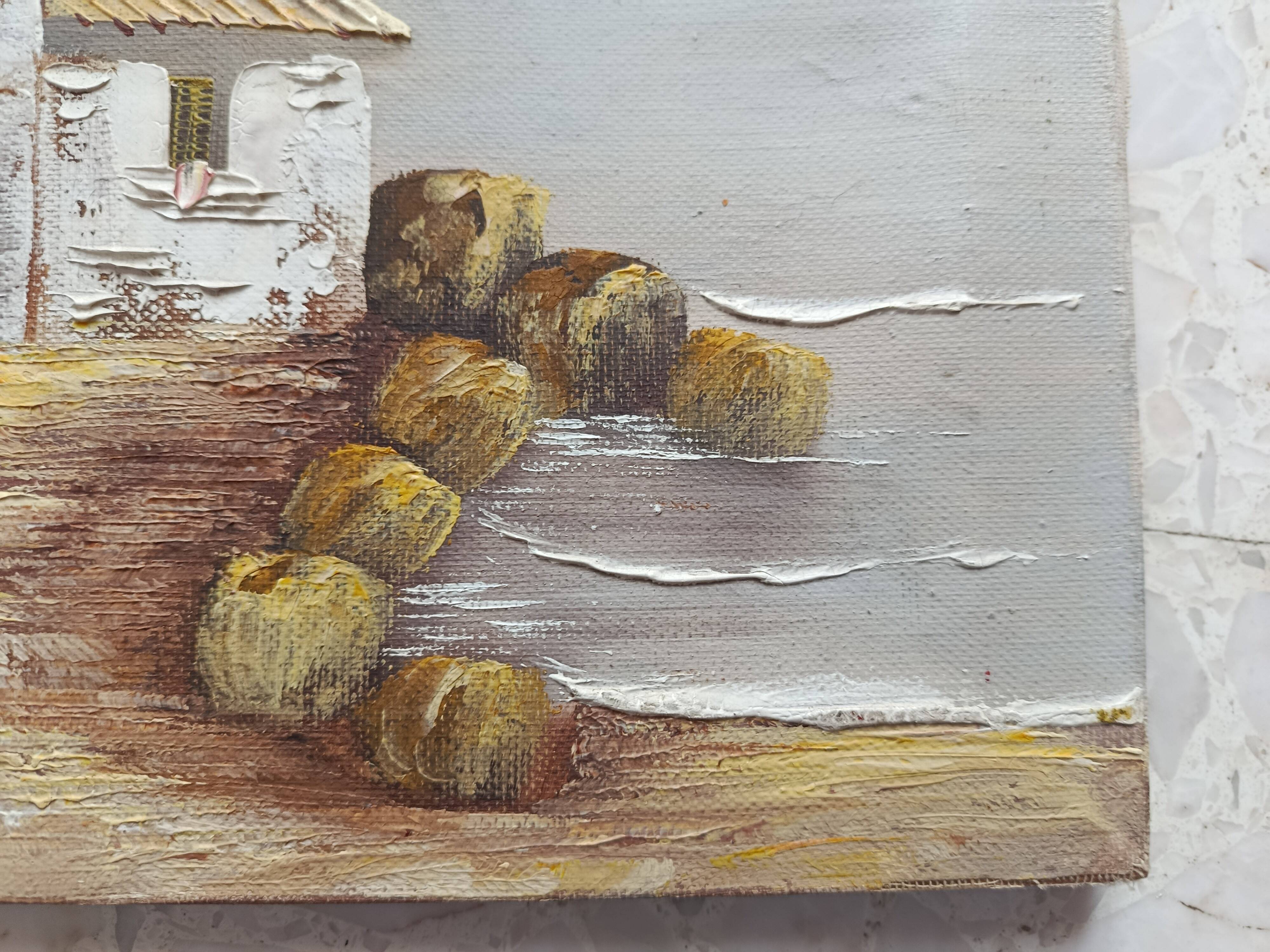 Hst 20th century signed solana: fishermen's houses, palm tree, tenerife, canary islands, spain