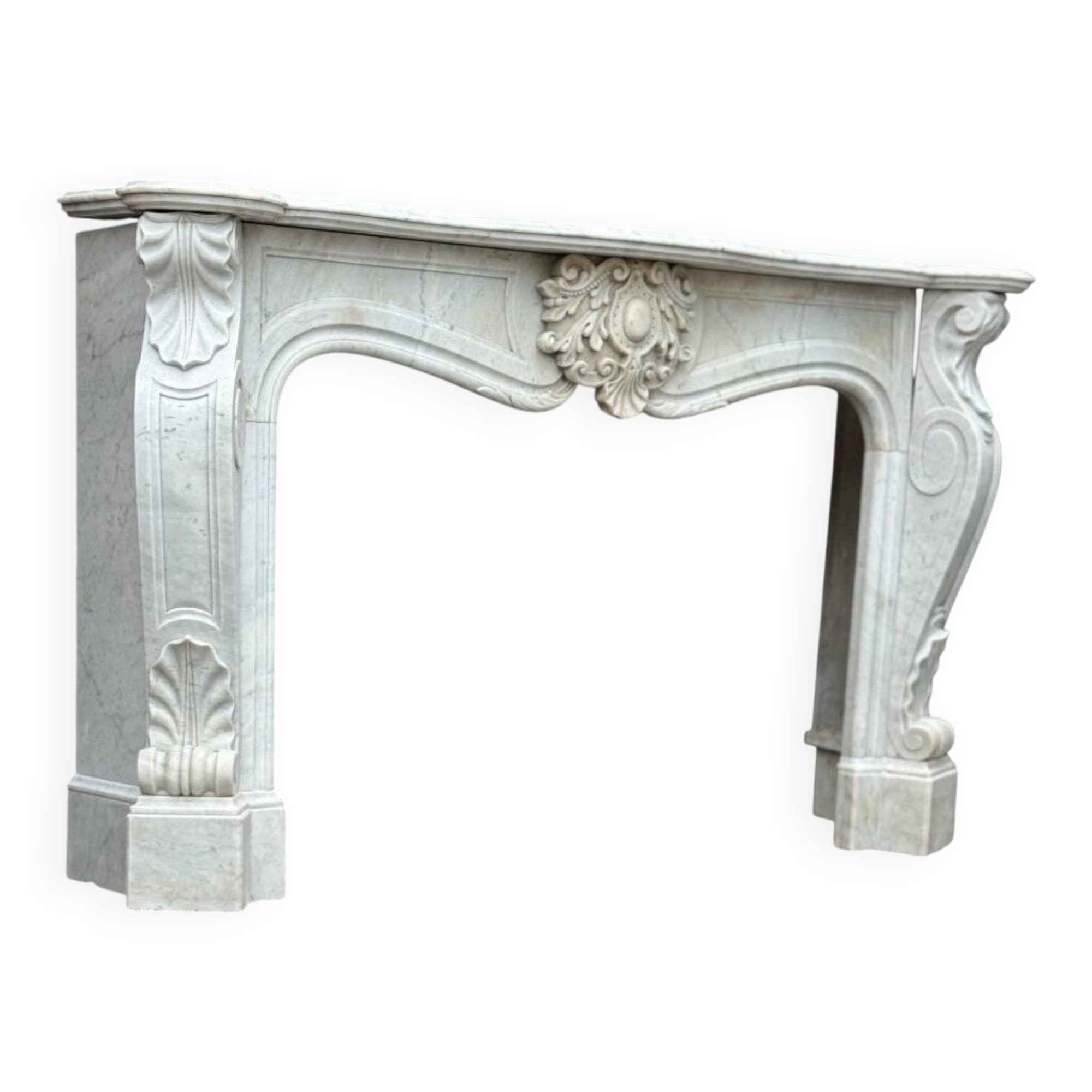 Louis XV style fireplace in white Carrara marble circa 1900