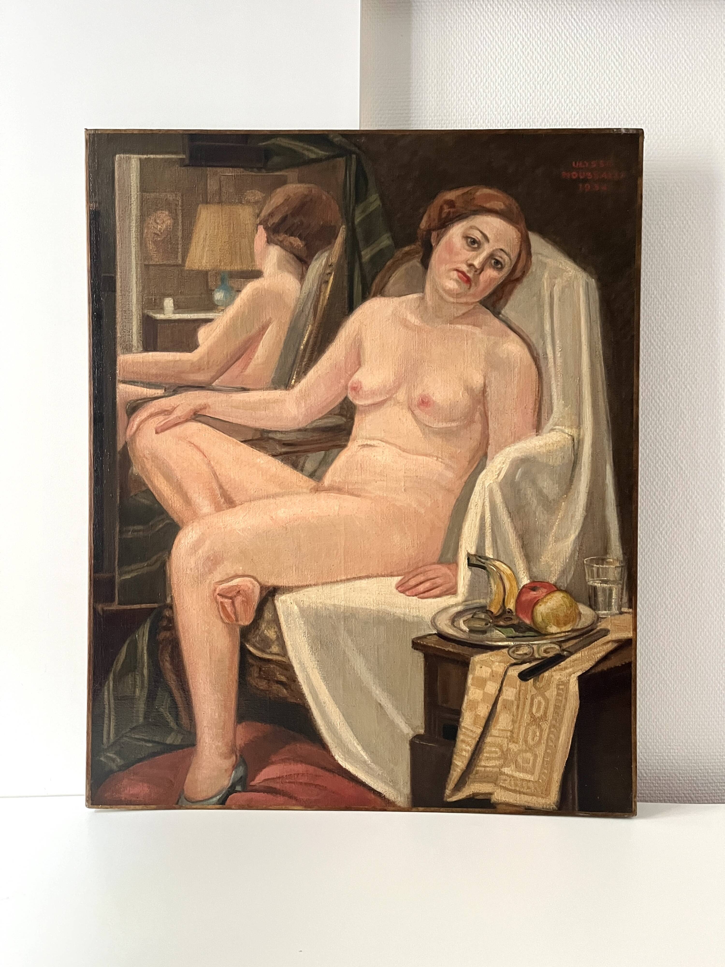 Oil painting on canvas of a nude woman in Art Deco style, old portrait.