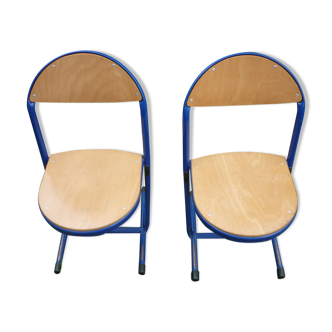 Pair of wooden and blue metal school chairs