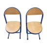 Pair of wooden and blue metal school chairs