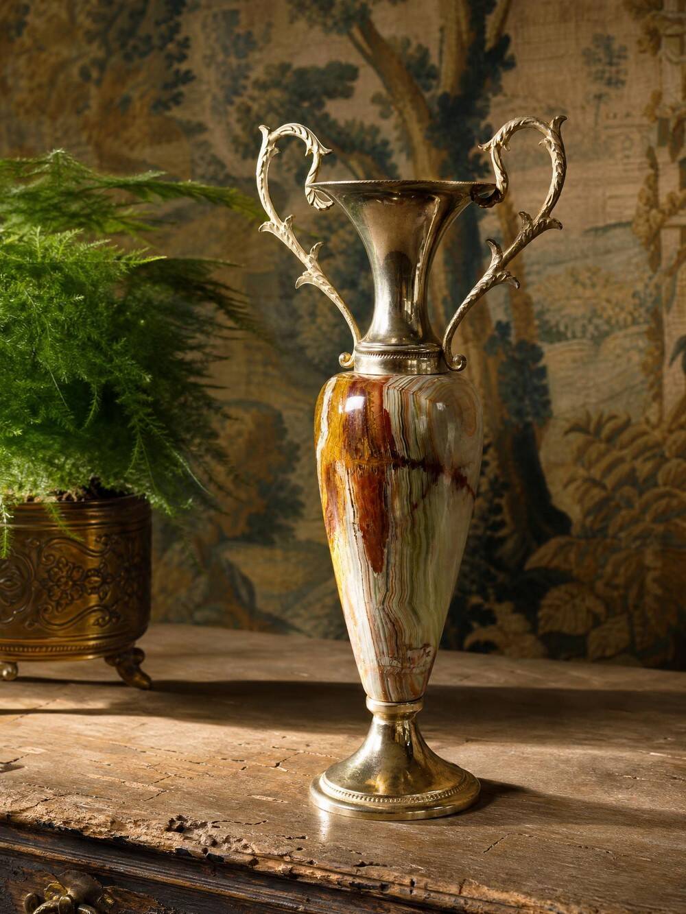 Large decorative onyx and gold metal cassolette, Italy 1960s-70s.