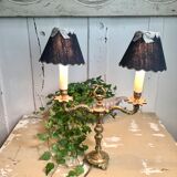 Pair of Louis XVI style double lamps in gilded bronze