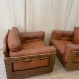 Pair of Cognac Leather Club Armchairs & Wood - Italian Design - 1970s